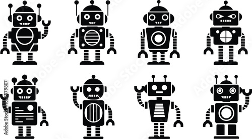 Robot Vector Icons, Vintage Mechanical Bot Silhouette