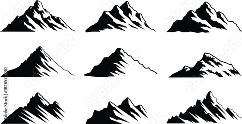 Mountain Silhouette Vector Set, Alpine Peaks, Summit Outline Clipart
