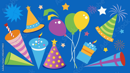 Colorful birthday party elements with balloons hats and confetti