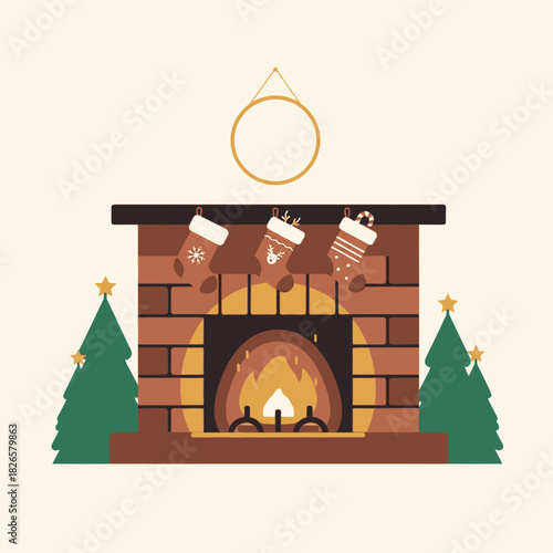 A cozy Christmas scene with a brick fireplace, burning fire, hanging stockings, and two decorated Christmas trees.
