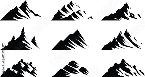 Mountain Silhouette Vector Set, Alpine Peaks, Summit Outline Clipart