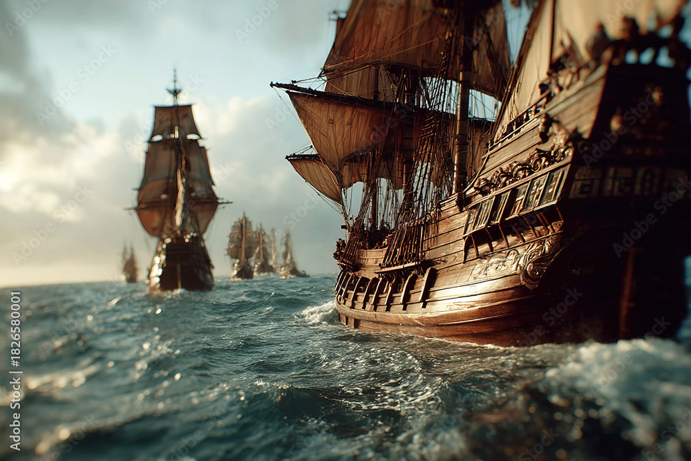 Naklejka premium Pirate ship attacks Spanish merchant galleon in a thrilling naval battle on the high seas