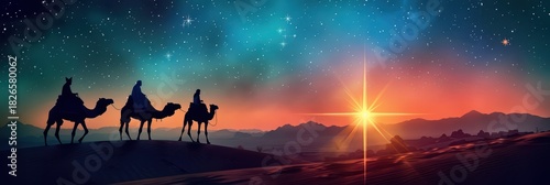 Epiphany three kings day journey at sunset with camels and starry sky. Horizontal banner. Copy space. Star of Bethlehem, or Christmas Star. Three Kings Day. Flat illustration