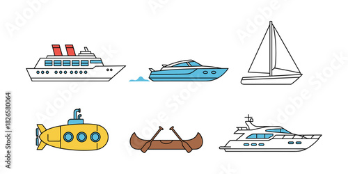 Water transport vehicle illustrations set with various boats
