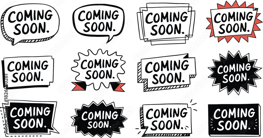 Fototapeta premium Coming Soon Labels, upcoming product, Bold Announcement Badges, Promo Stickers, Alert, sale, shopping, vector illustration