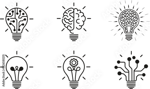Innovation Lightbulb Icons, Brain, Circuit, Tech Idea and Creativity Vector Set