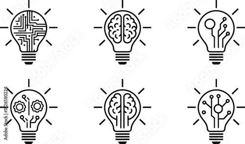 Innovation Lightbulb Icons, Brain, Circuit, Tech Idea and Creativity Vector Set