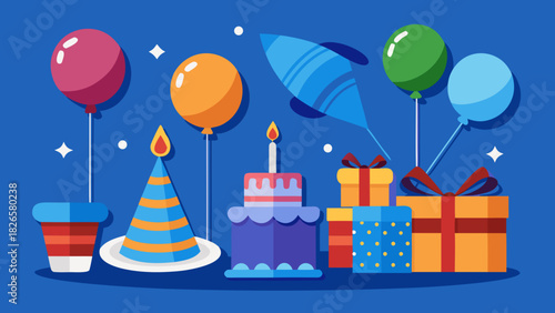 Happy birthday celebration with cake balloons gifts and party hat
