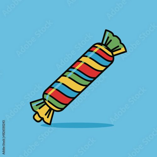 A colorful striped candy wrapped in a twist-tie style, set against a solid blue background.