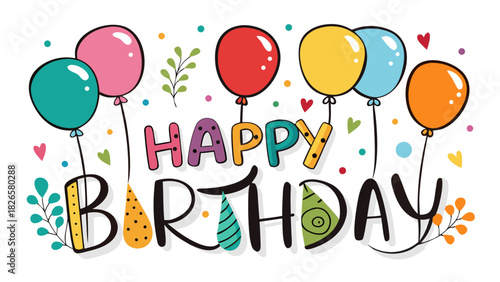 Happy birthday celebration with colorful balloons and festive decorations