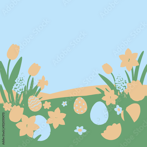 Pastel illustration of an Easter egg hunt in a spring garden with flowers and broken eggs under a blue sky.