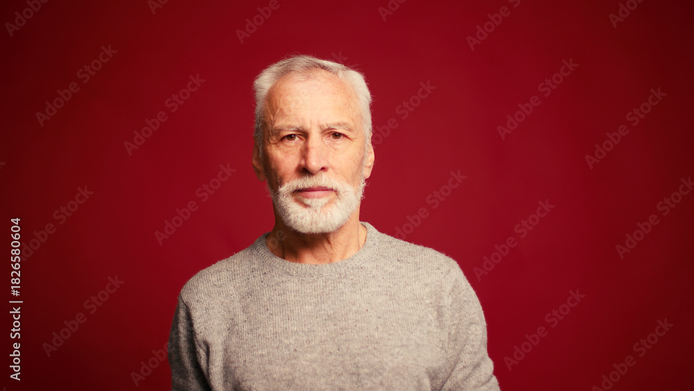 Obraz premium Portrait of happy senior man touching grey beard looking at camera posing isolated on red background