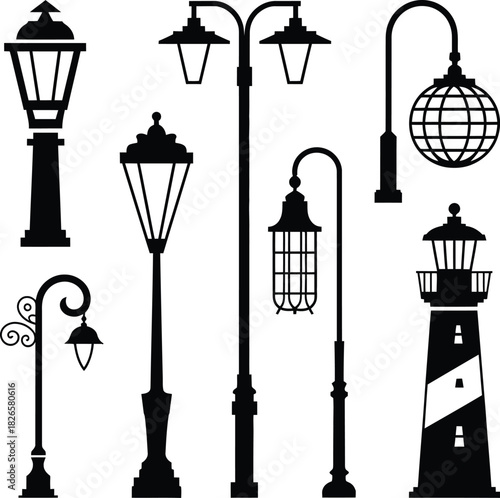 Street Lamp Silhouettes, Lighthouse Vector Set