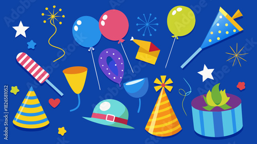 Colorful party elements collection on a blue background