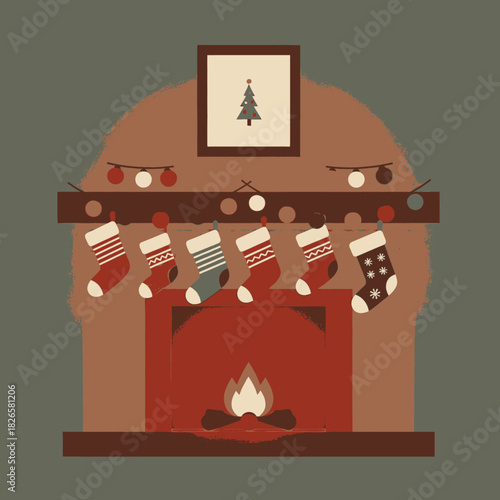 A cozy, flat illustration of a fireplace decorated for Christmas with six stockings hanging from the mantelpiece and a burning fire.