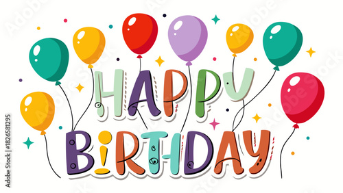 Happy birthday celebration with colorful balloons and stars