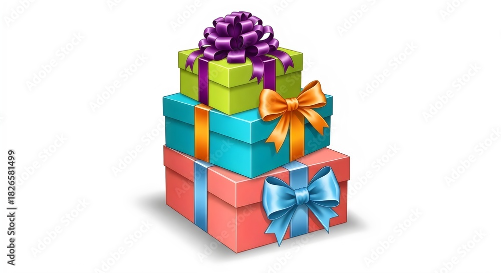 Fototapeta premium Stacked Colorful Gift Boxes with Ribbons and Bows on White Background