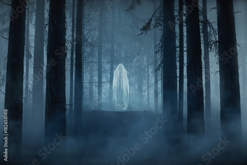 3D Rendering of a ghost covered with sheet floating behind fog
