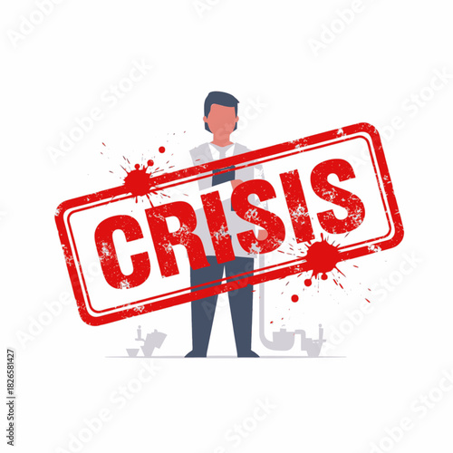 Illustration of a person in a lab coat standing behind a large red stamp with the word 'CRISIS' and blood splatters, symbolizing an urgent emergency situation.