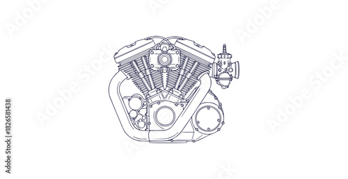 Detailed v twin motorcycle engine outline drawing with smooth monoline strokes and clear component separation
