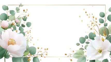 A delicate arrangement of white flowers soft green eucalyptus leaves and shimmering golden berries creates an elegant decorative border around a clean empty space
