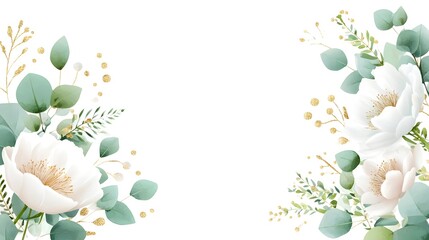 A decorative border of watercolor style white and blush pink flowers eucalyptus greenery and shimmering gold accents against a clean white backdrop suitable for invitations or design
