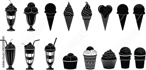 Ice cream and dessert silhouette set with cones, sundaes, milkshakes, cupcakes, swirls, scoops, frozen treats, and sweet snacks