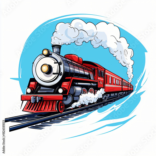 Historic steam train journey through scenic landscapes vintage illustration vibrant colors travel adventure