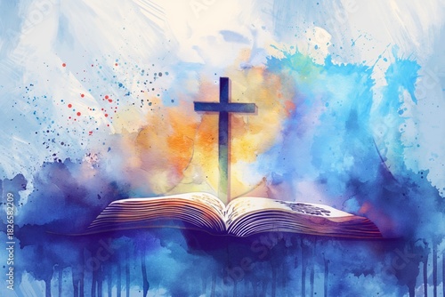 An open Bible sits at the center of a lively and colorful composition, showcasing soft pastel shades of blue, orange, and yellow. A cross rises above the book, symbolizing faith and spirituality.