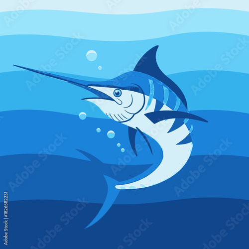 Illustration of a blue marlin swimming gracefully in the deep ocean with bubbles, depicted in various shades of blue.