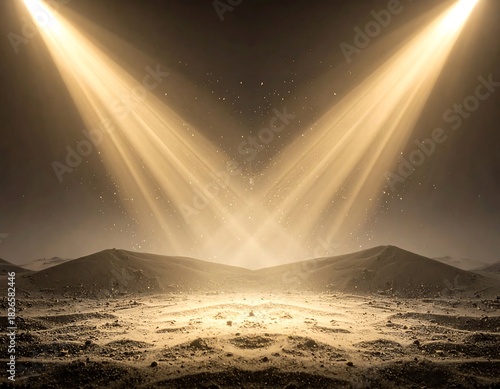 Fototapeta Naklejka Na Ścianę i Meble -  Two converging shafts of light illuminate an arid landscape with undulating dunes