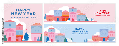 Social media covers with a snowy town in cartoon style. Happy New Year banners.