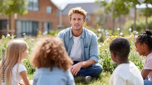A friendly male teacher leads an outdoor lesson for a diverse group of children sitting together on the grass amidst flowers and trees on a bright sunny day