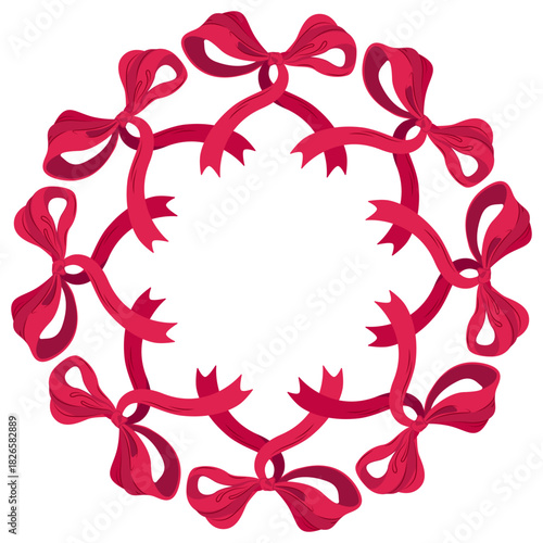 Round frame with bows for design and decoration. Hand-drawn vector illustration with space for text. Whimsical gift bows.