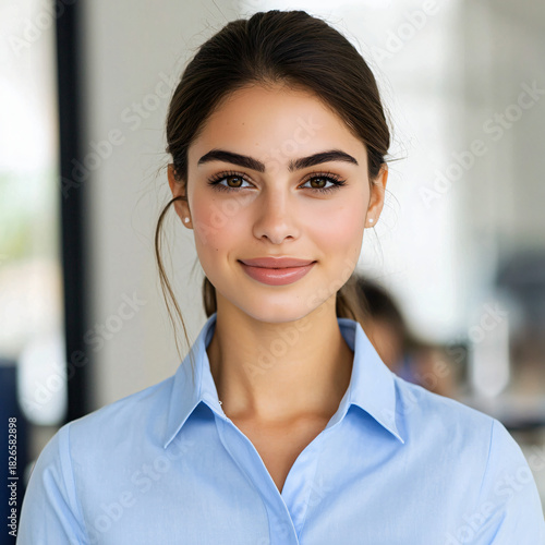 Professional portrait of a young businesswoman in an office setting captured in natural light conveying confidence and approachability