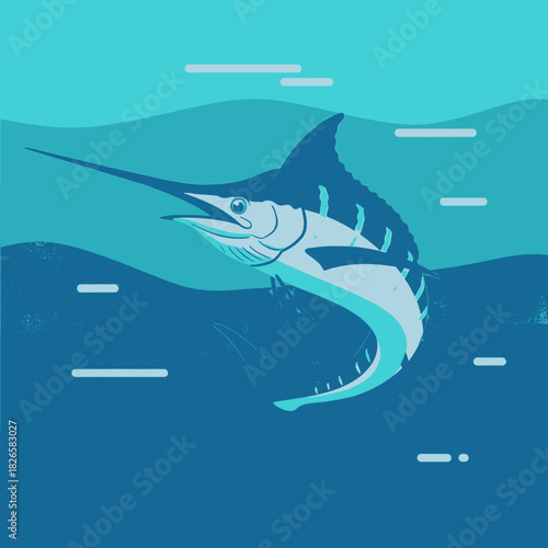 A stylized illustration of a marlin swimming in the deep blue ocean, showcasing its distinctive bill and fins.