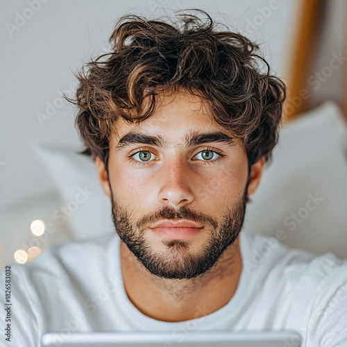 Focused young man engaged in digital work at home close-up portrait modern indoor setting personal growth and productivity