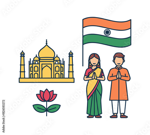 Indian culture symbols with Taj Mahal and national flag