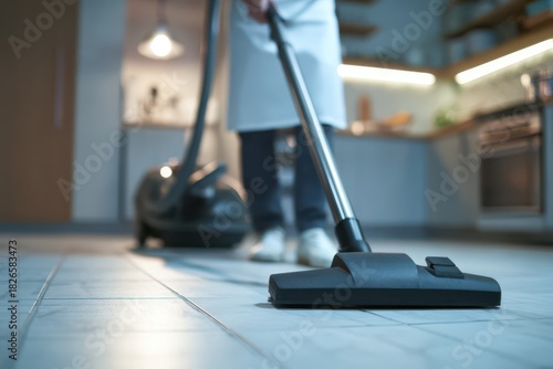 Wallpaper Mural Uniformed cleaner operating an upright vacuum to thoroughly clean kitchen Flooring Torontodigital.ca