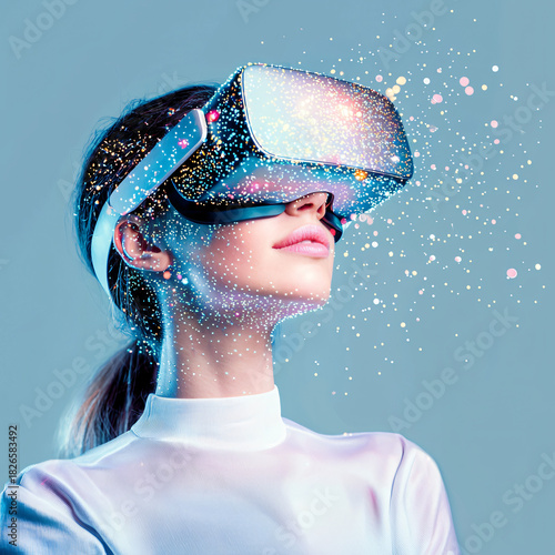 Virtual reality experience engaging user in futuristic environment digital display scenic viewpoint technology concept
