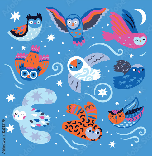 Set with Aurora Owls on light blue. Vector illustration