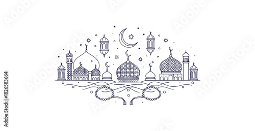 Elegant islamic cultural thin line art set featuring mosque domes crescent moon lanterns prayer beads and stars
