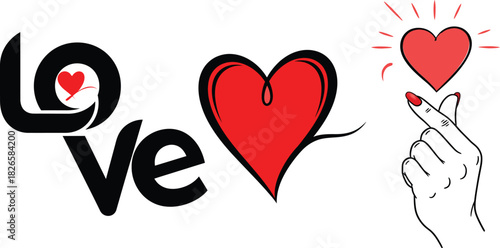 Love word typography with finger heart gesture and red heart symbol