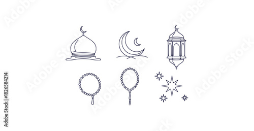 Elegant islamic culture line art set featuring mosque domes crescent moon lanterns prayer beads and stars