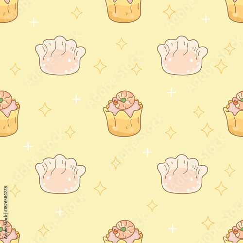 Dim Sum Delights Seamless Pattern. Cute Asian Dumplings Background. Kawaii Dim Sum Pattern. Steamed Buns and Shumai Doodle Background. Pastel Yellow Chinese Food Repeat