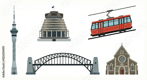 Illustrated collection of iconic New Zealand landmarks and diverse travel attractions, perfect for tourism marketing and exploring popular destinations