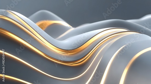 A seamless abstract background featuring undulating waves of smooth light colored material accented by glowing golden lines conveying a sense of modern energy and fluid motion