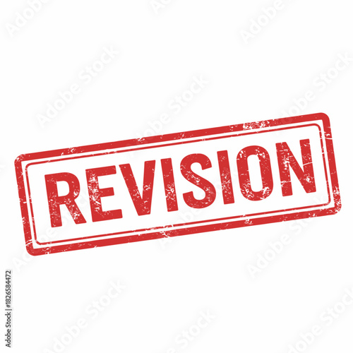 Red grunge rubber stamp with the word REVISION on a white background, indicating a change or update.