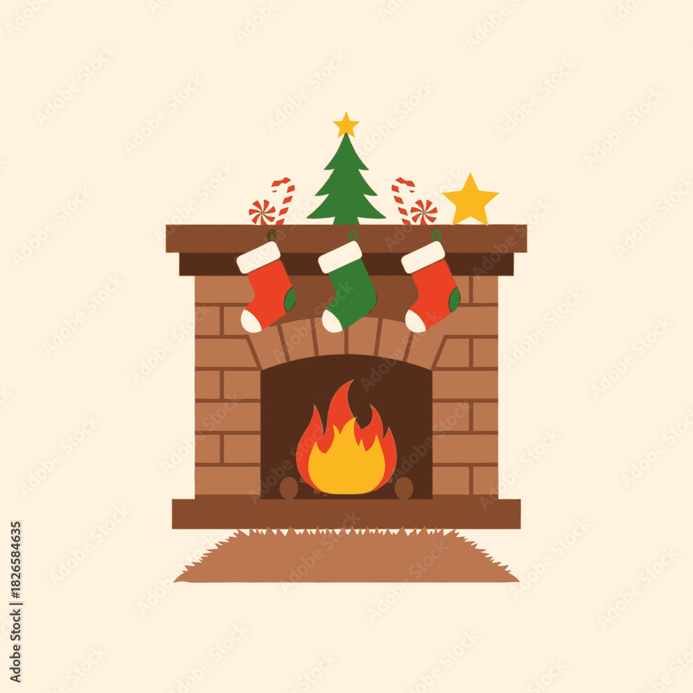 Fototapeta premium A cozy Christmas fireplace with burning fire, decorated with stockings, a small tree, candy canes, and a star on the mantelpiece.