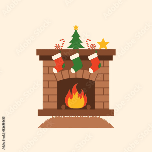 A cozy Christmas fireplace with burning fire, decorated with stockings, a small tree, candy canes, and a star on the mantelpiece.